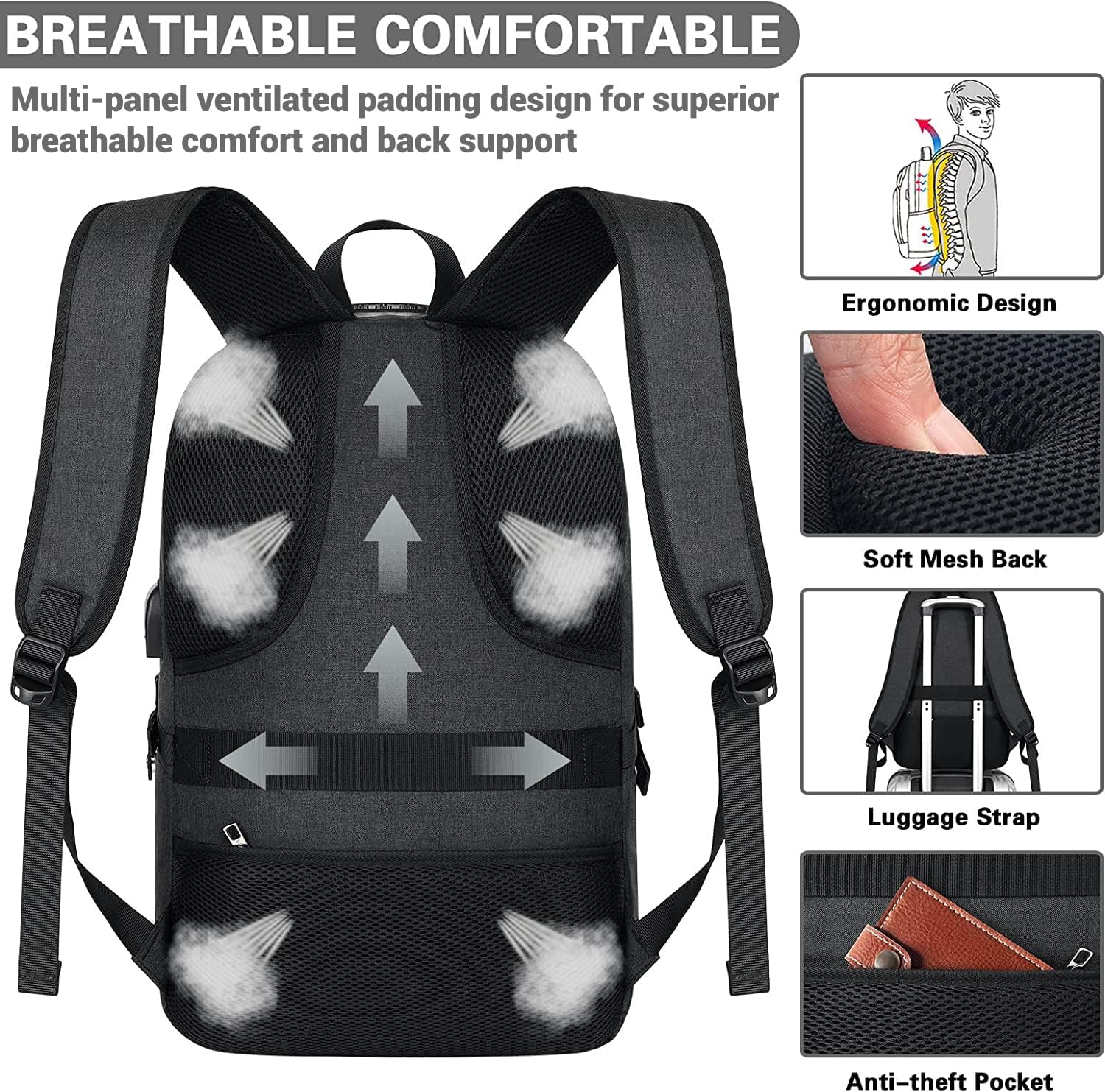 AMBOR Travel Laptop Backpack for Men, 15.6-17.3 inch Laptop Backpack for School, Anti Theft Business Work Backpack with USB Charging Port, Water Resistant College Computer Bag for Men & Women, Black - Image 6