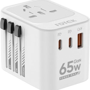 FDTEK Universal Travel Adapter, 65W International Universal Adapter European Laptop Travel Plug Adapter with 3 USB Ports (2 USB C) Worldwide Adapter for Europe UK AUS Asia Japan Covers 300+Countries