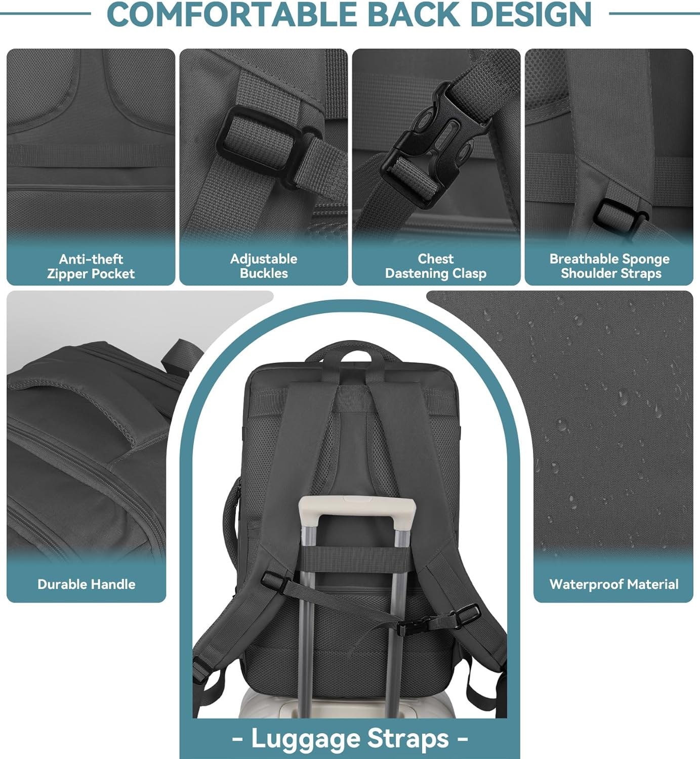 Travel Backpack, Extra Large Backpack, Carry On Backpack, 50L Expandable Airline Approved Water Resistant Business Luggage Suitcase Daypack Bag Fits 17 Inch Laptops, Travel Gifts for Men Women, Black - Image 5